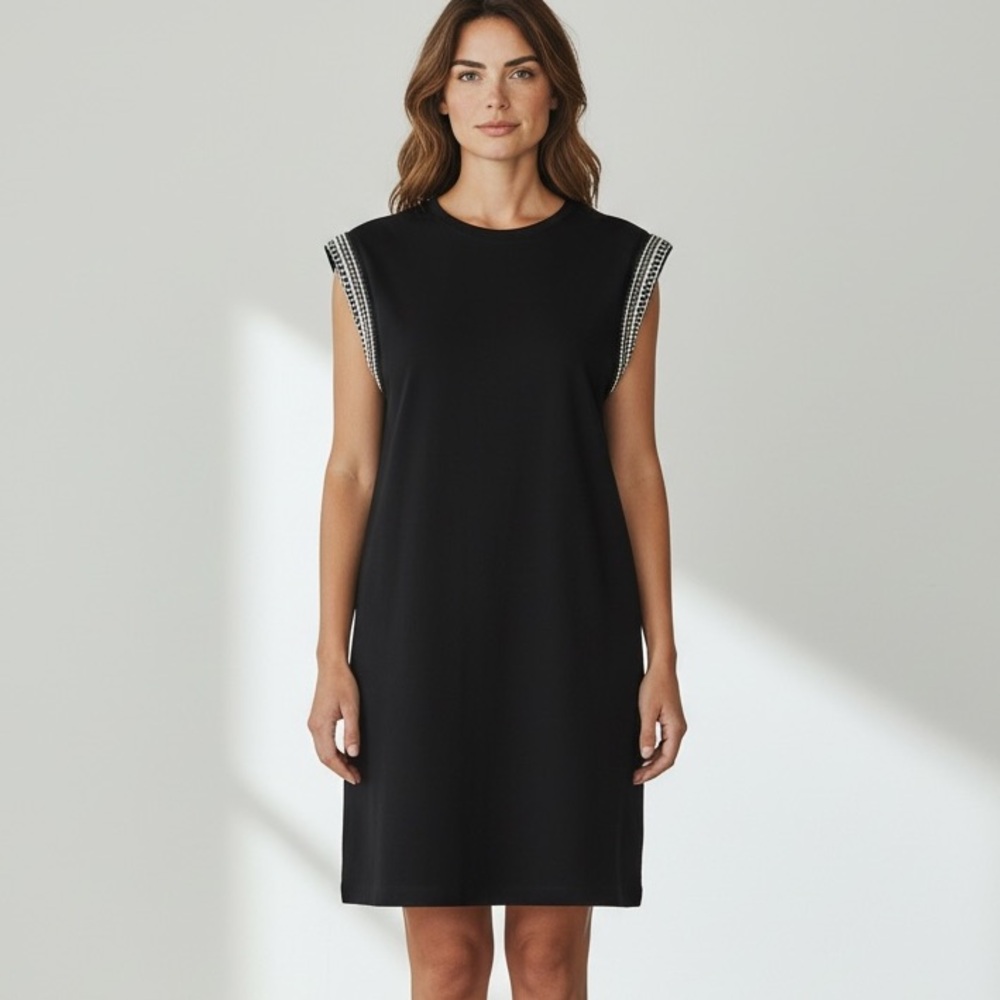 Design Lab Lord & Taylor Black Cotton Sleeveless Dress Embelished Shoulders Sz L